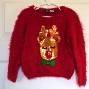 Red Fuzzy Sweater with Gold Reindeer Design